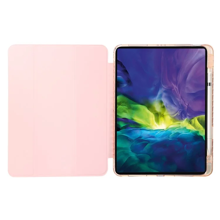 Für iPad Pro 12,9 Zoll (2018) / (2020) / (2021) / (2022) Trifold-Ständer-Tablet-Hülle aus PU-Leder + transparenter Acrylschale - Pink
