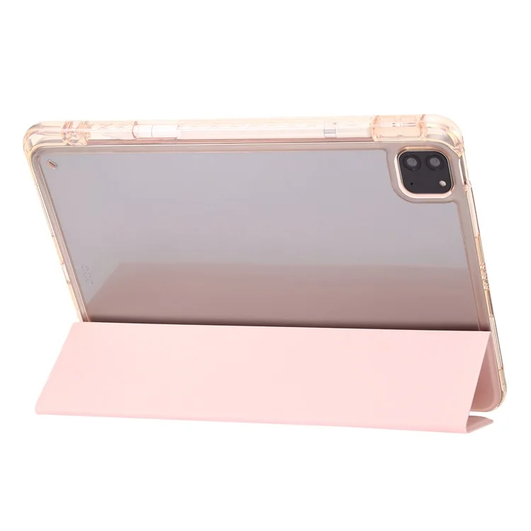Für iPad Pro 12,9 Zoll (2018) / (2020) / (2021) / (2022) Trifold-Ständer-Tablet-Hülle aus PU-Leder + transparenter Acrylschale - Pink