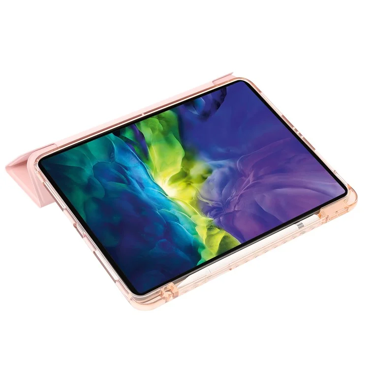Für iPad Pro 12,9 Zoll (2018) / (2020) / (2021) / (2022) Trifold-Ständer-Tablet-Hülle aus PU-Leder + transparenter Acrylschale - Pink