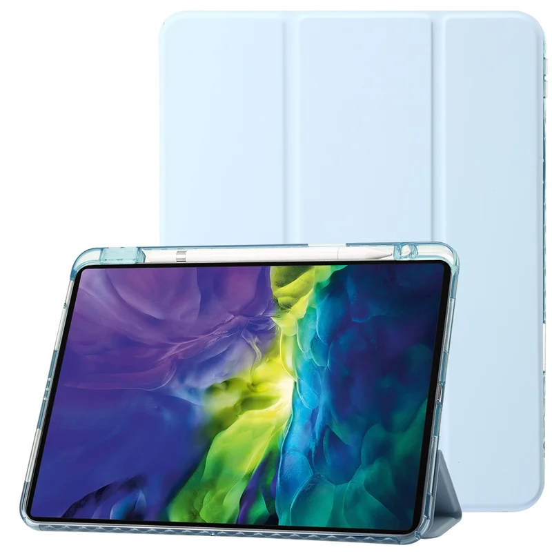 For iPad Pro 12.9-inch (2018) / (2020) / (2021) / (2022) Trifold Stand Tablet Case PU Leather + Clear Acrylic Shell - Baby Blue