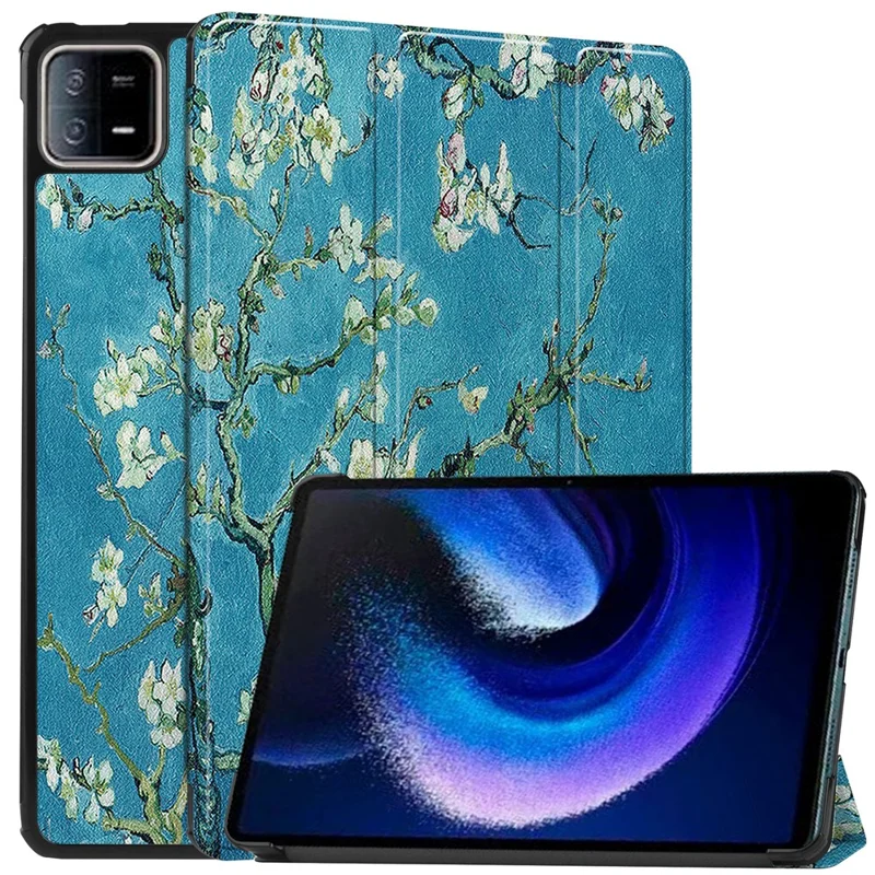 For Xiaomi Pad 6 / Pad 6 Pro PU Leather Trifold Stand Tablet Case Pattern Printing Auto Wake / Sleep Cover - Apricot Blossom