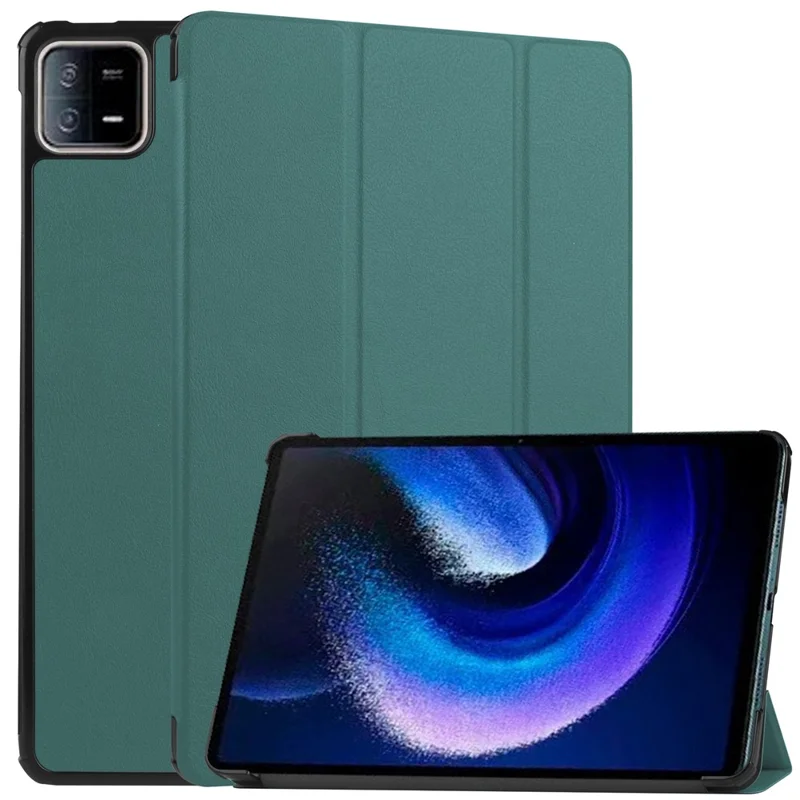 For Xiaomi Pad 6 Tri-fold Stand Tablet Case Auto Wake  /  Sleep Leather Tablet Cover - Blackish Green