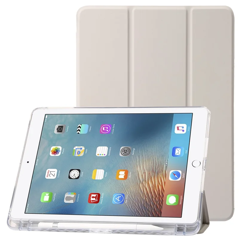 Capa de Suporte Trifold para iPad Air (2013) / Air 2 / iPad 9.7 polegadas (2017) / (2018) Couro PU + Capa de Acrílico Transparente - Bege