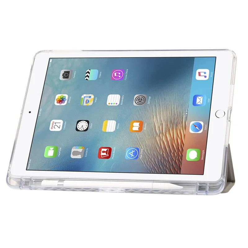 Capa de Suporte Trifold para iPad Air (2013) / Air 2 / iPad 9.7 polegadas (2017) / (2018) Couro PU + Capa de Acrílico Transparente - Bege