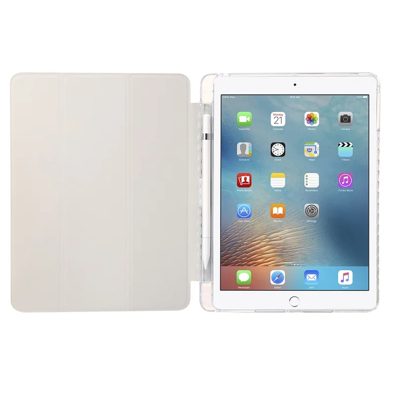 Capa de Suporte Trifold para iPad Air (2013) / Air 2 / iPad 9.7 polegadas (2017) / (2018) Couro PU + Capa de Acrílico Transparente - Bege