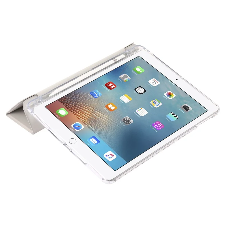 Capa de Suporte Trifold para iPad Air (2013) / Air 2 / iPad 9.7 polegadas (2017) / (2018) Couro PU + Capa de Acrílico Transparente - Bege