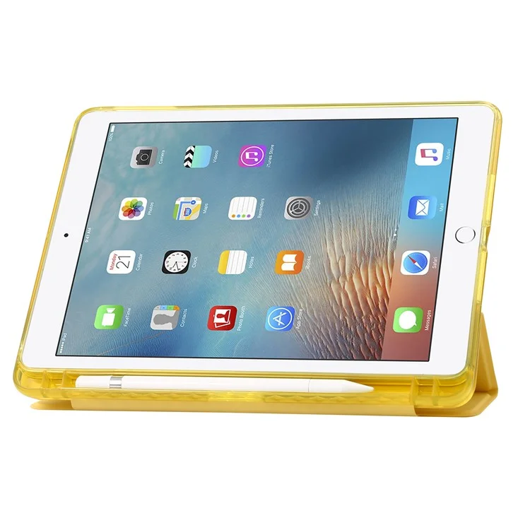 Trifold Stand Tablet Case Pour Ipad Air (2013) / Air 2 / Ipad 9.7-pouces (2017) / (2018) PU Leather + Couverture Acrylique Claire - Jaune