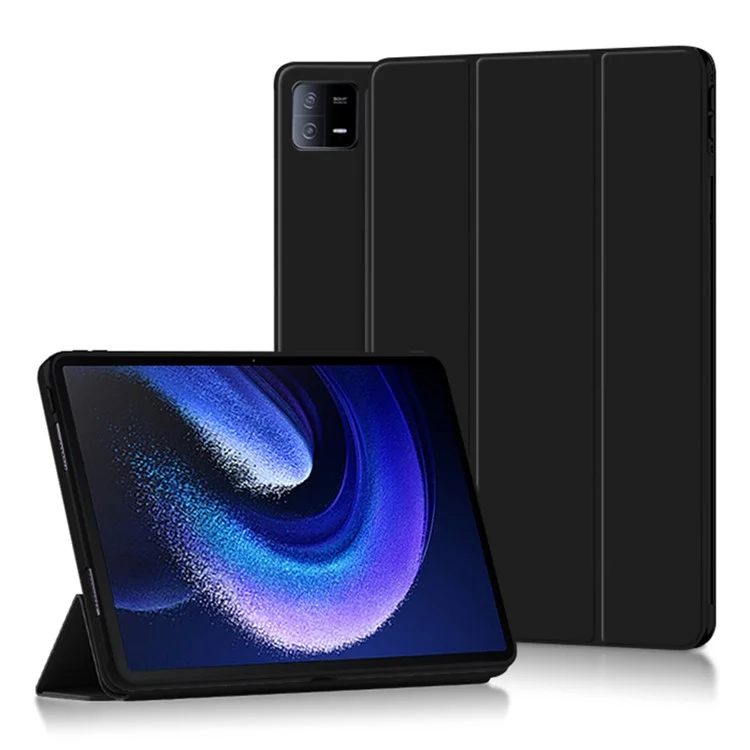 Funda de tableta a prueba de golpes para Xiaomi Pad 6 de piel de PU + soporte plegable de TPU protector de tableta - Negro