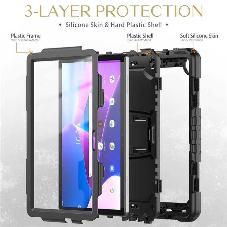 Per Lenovo Tab M10 (Gen 3) TB-328F Anti-Scratch Silicone+PC Tablet Case Supporto Copertina con Cinturino - Nero