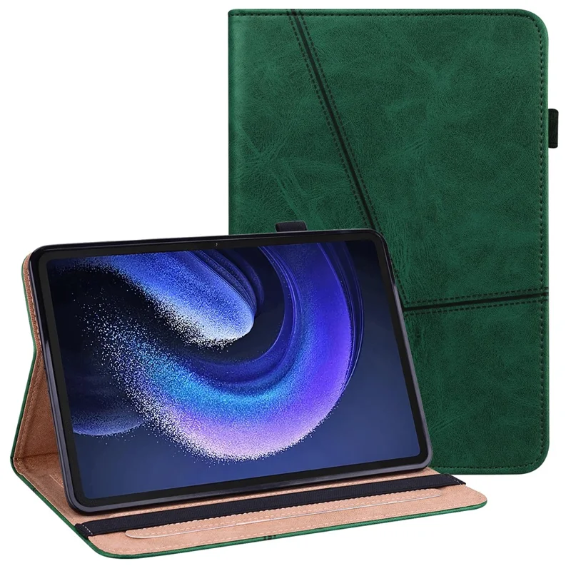 For Xiaomi Pad 6 PU Leather Tablet Case Line Imprinted Card Slots Stand Folio Cover - Green