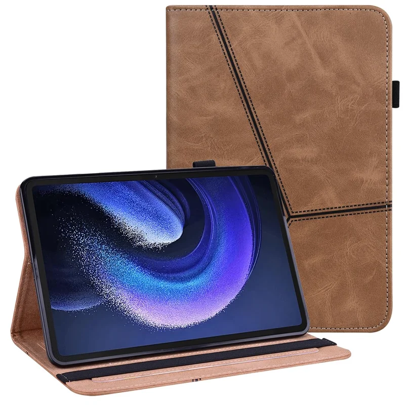 For Xiaomi Pad 6 PU Leather Tablet Case Line Imprinted Card Slots Stand Folio Cover - Brown