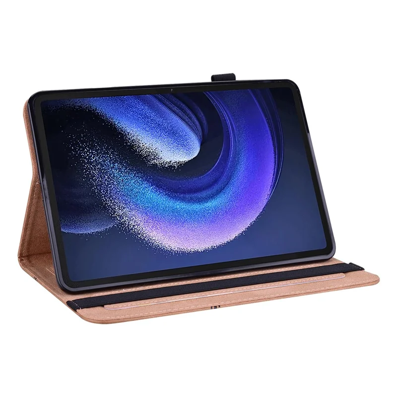 For Xiaomi Pad 6 PU Leather Tablet Case Line Imprinted Card Slots Stand Folio Cover - Brown