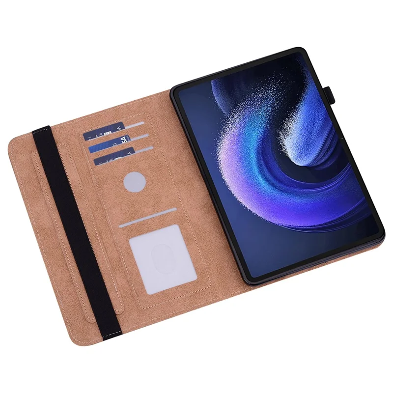 For Xiaomi Pad 6 PU Leather Tablet Case Line Imprinted Card Slots Stand Folio Cover - Brown