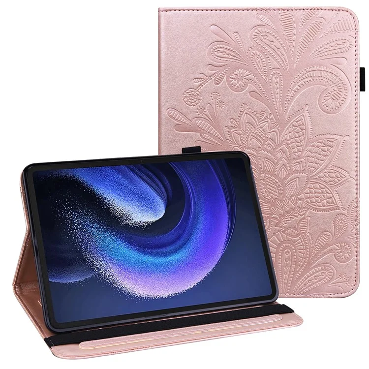 Для Xiaomi Pad 6 Anti-Scratch PU Leather Tablet Stand Case Flower Imprinting Wallet Tablet Cover - Rose Gold