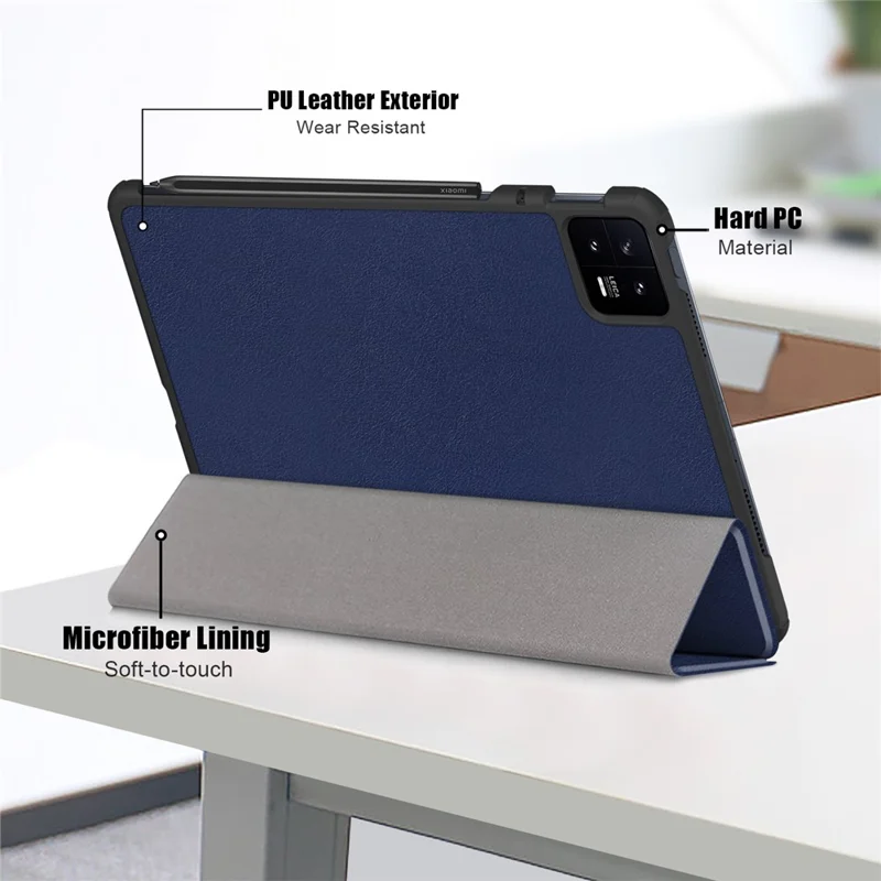 Pour Xiaomi Pad 6 Etui Tablette à Support Triptyque Magnétique Intelligent en Cuir PU Folio - Bleu Foncé