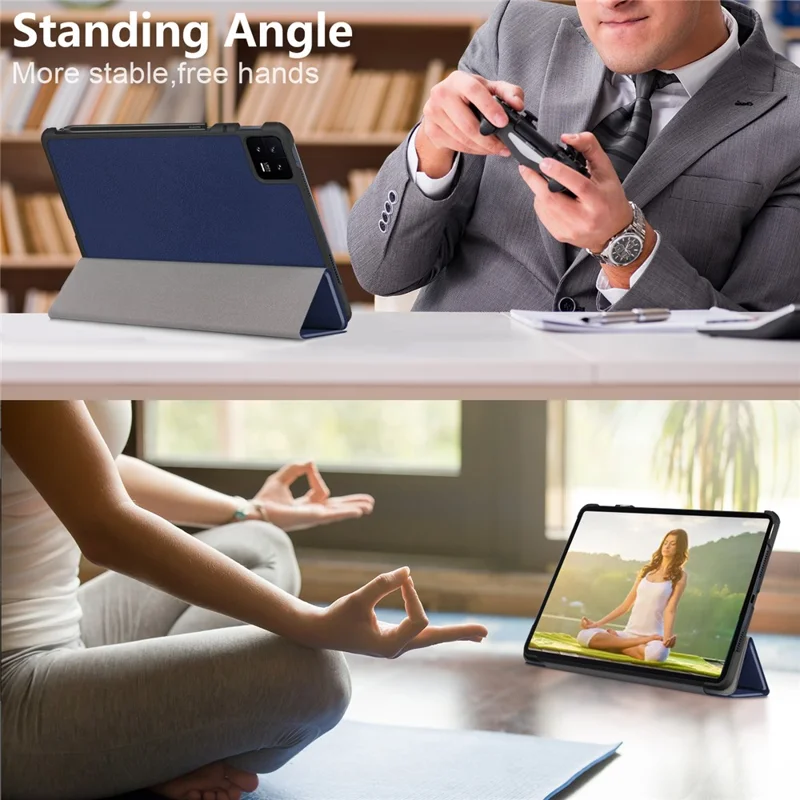 Pour Xiaomi Pad 6 Etui Tablette à Support Triptyque Magnétique Intelligent en Cuir PU Folio - Bleu Foncé