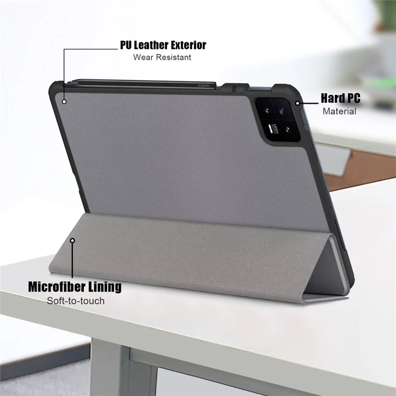 For Xiaomi Pad 6 Tri-fold Stand Tablet Case Magnetic Smart PU Leather Folio Cover - Grey
