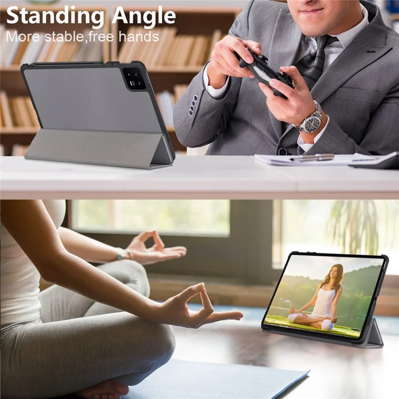For Xiaomi Pad 6 Tri-fold Stand Tablet Case Magnetic Smart PU Leather Folio Cover - Grey
