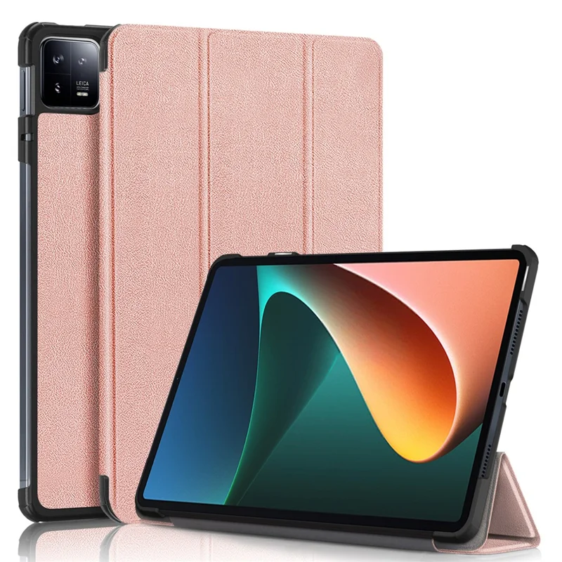 For Xiaomi Pad 6 Tri-fold Stand Tablet Case Magnetic Smart PU Leather Folio Cover - Rose Gold