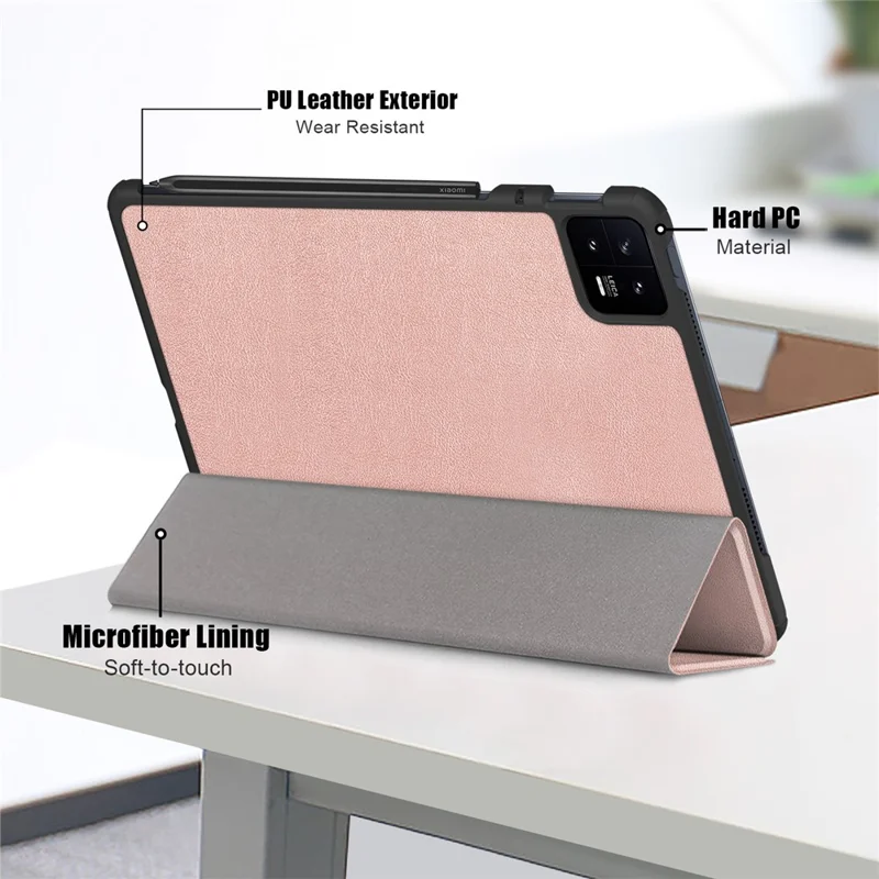 For Xiaomi Pad 6 Tri-fold Stand Tablet Case Magnetic Smart PU Leather Folio Cover - Rose Gold