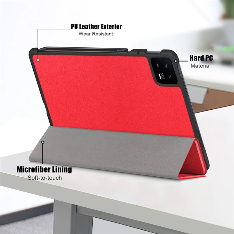 Für Xiaomi Pad 6 Tri-fold Stand Tablet Case Magnetische Smart PU Leder Folio Cover - Rot