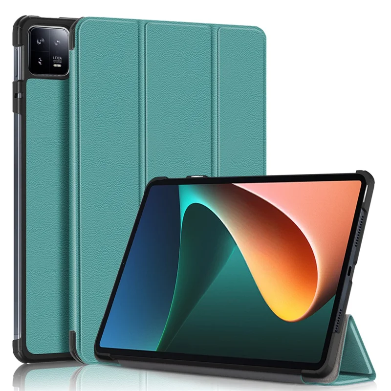 For Xiaomi Pad 6 Tri-fold Stand Tablet Case Magnetic Smart PU Leather Folio Cover - Blackish Green