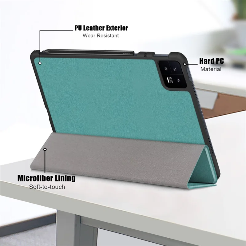For Xiaomi Pad 6 Tri-fold Stand Tablet Case Magnetic Smart PU Leather Folio Cover - Blackish Green
