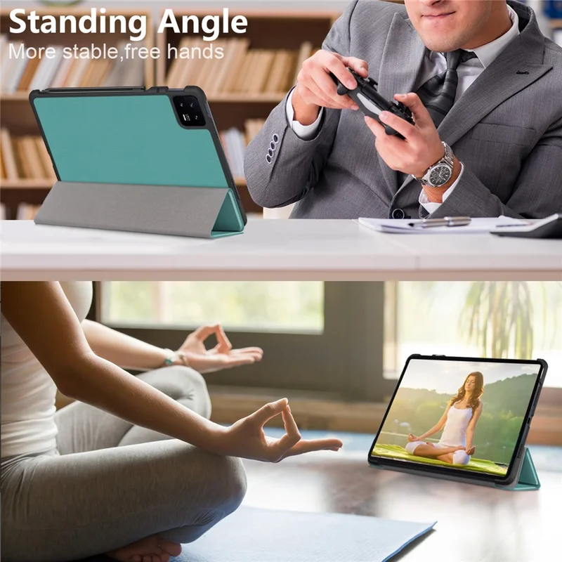 For Xiaomi Pad 6 Tri-fold Stand Tablet Case Magnetic Smart PU Leather Folio Cover - Blackish Green