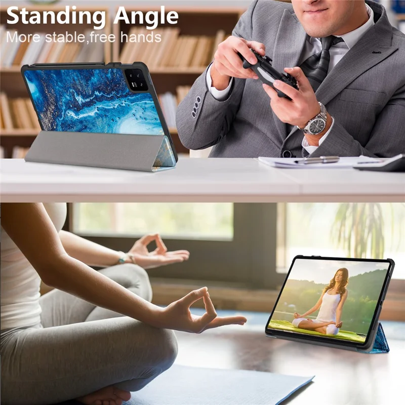 For Xiaomi Pad 6 PU Leather Pattern Printing Tablet Case Tri-fold Stand Protective Cover with Auto Wake / Sleep - Wave