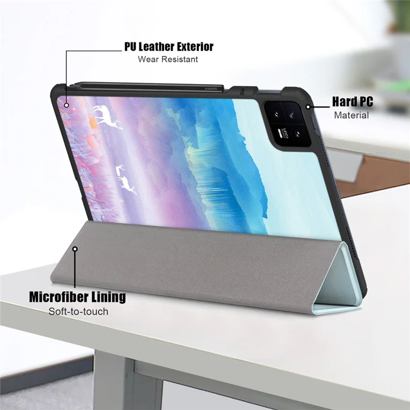 For Xiaomi Pad 6 PU Leather Pattern Printing Tablet Case Tri-fold Stand Protective Cover with Auto Wake / Sleep - Fantasy Deer
