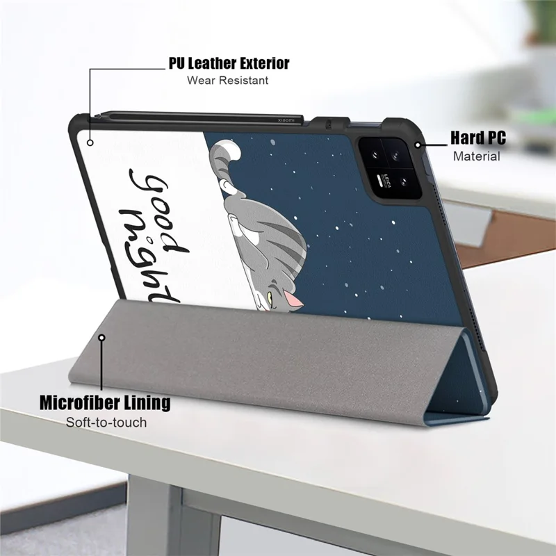 For Xiaomi Pad 6 PU Leather Pattern Printing Tablet Case Tri-fold Stand Protective Cover with Auto Wake / Sleep - Cat