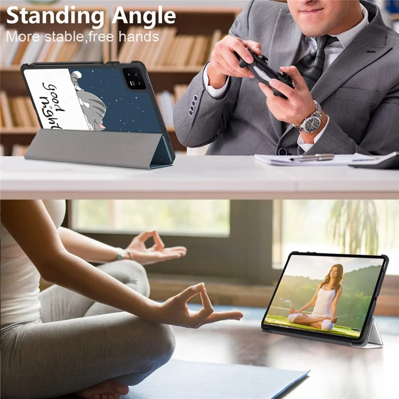 For Xiaomi Pad 6 PU Leather Pattern Printing Tablet Case Tri-fold Stand Protective Cover with Auto Wake / Sleep - Cat