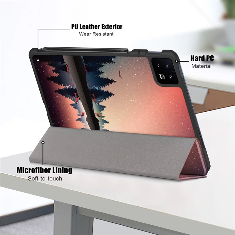 For Xiaomi Pad 6 PU Leather Pattern Printing Tablet Case Tri-fold Stand Protective Cover with Auto Wake / Sleep - Nightfall
