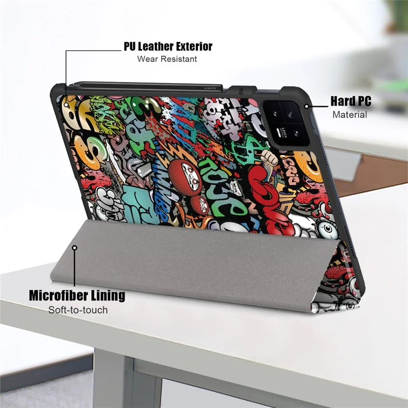 Per Xiaomi Pad 6 PU Pattern Tablet Tablet Case Tri-fold Stand Protective Cover Con Auto Wake / Sonno - Graffiti