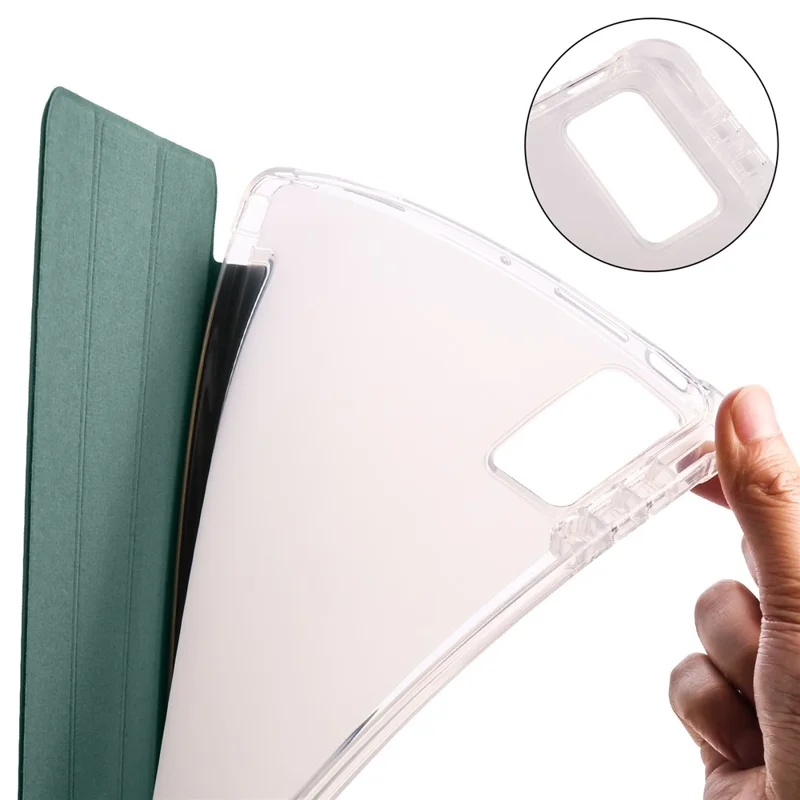 Pour Xiaomi Pad 5 Pro 12.4 (2022) Étui de support Tri-Fold PU Leather Transparent Back Tablet Cover avec Slot Pencil - Midnight Green