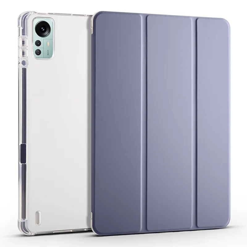 Para Xiaomi Pad 5 Pro 12.4 (2022) Case de Suporte Tri-Fold de Couro PU Transparente Traseiro Capa Tablet com Slot para Lápis - Roxo
