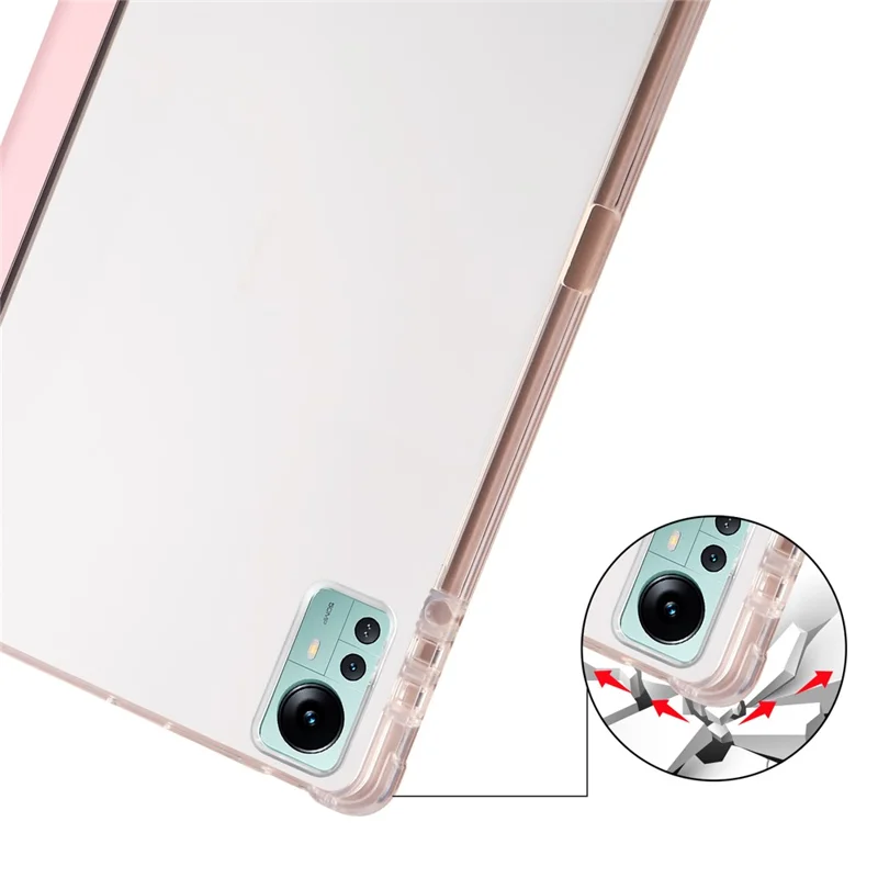Pour Xiaomi Pad 5 Pro 12.4 (2022) Étui de support Tri-Fold en cuir PU avec dos transparent Housse de tablette avec fente pour crayon - Rose