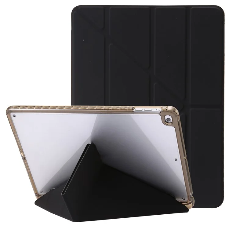 Pour Ipad Air (2013) / Air 2 / Ipad 9.7-pouces (2017) / (2018) Cuir + Tablet Acrylique Transparent Couverture de Tablette de Support à Trois Pliages Origami - Noir