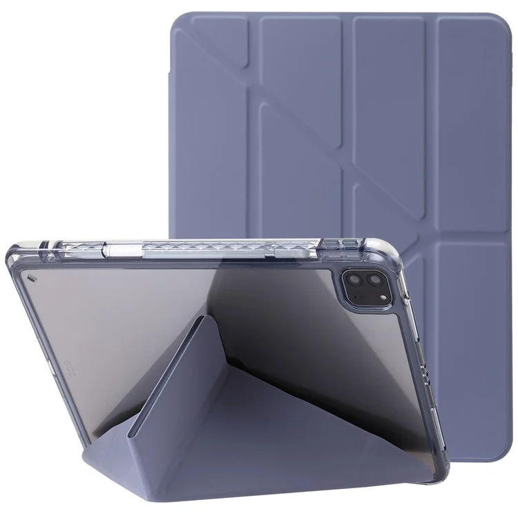 case de tableta para ipad pro 11 (2018) /(2020) /(2021 /(2022) / ipad air (2020) /(2022) origami tri-fold stand cuero+ cubierta acrílica transparente - púrpura