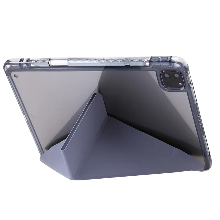 case de tableta para ipad pro 11 (2018) /(2020) /(2021 /(2022) / ipad air (2020) /(2022) origami tri-fold stand cuero+ cubierta acrílica transparente - púrpura