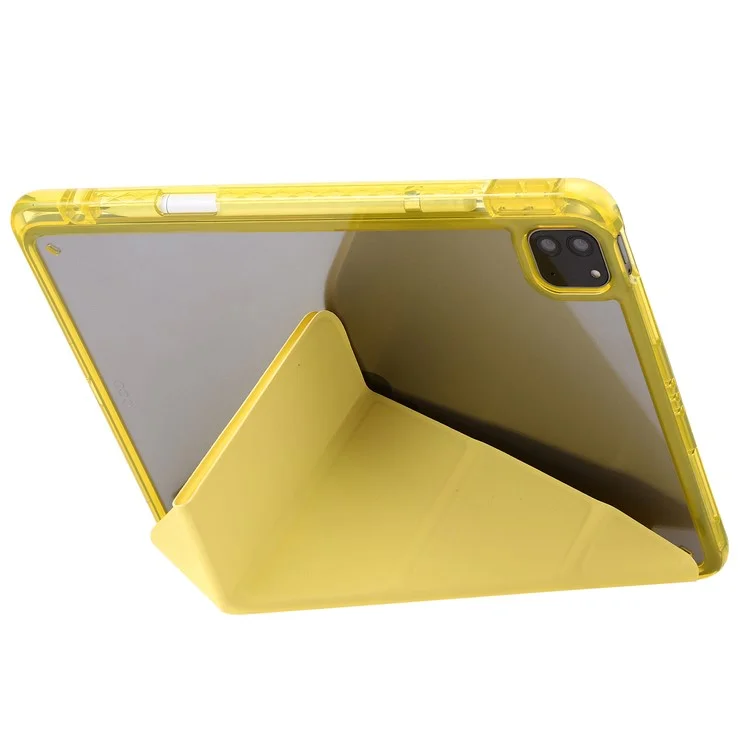 For iPad Pro 12.9 (2022) / (2021) / (2020) / (2018) Origami Tri-fold Stand Case PU Leather Transparent Acrylic Tablet Cover - Yellow