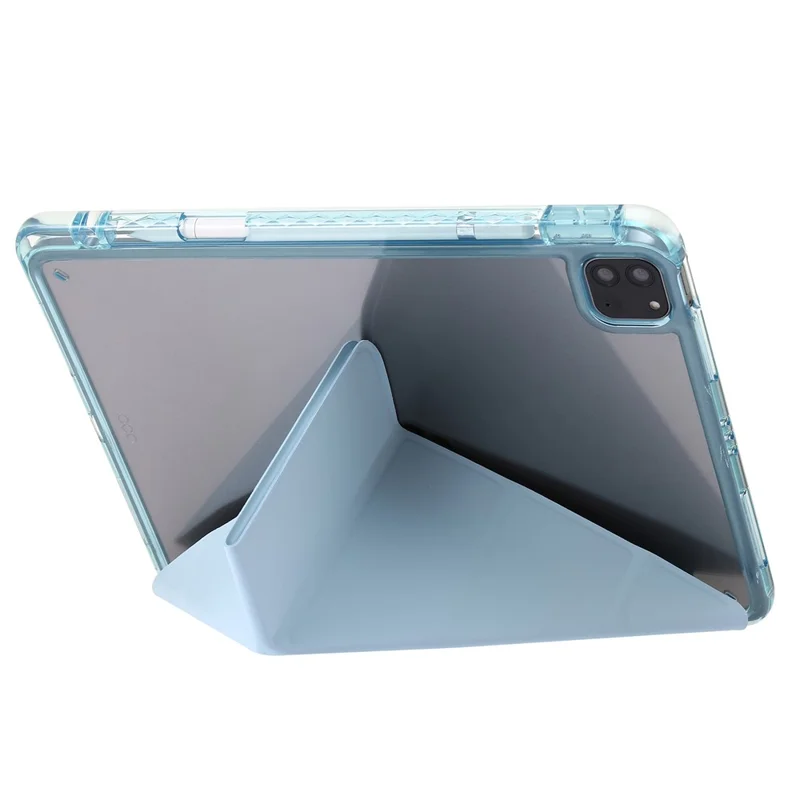 For iPad Pro 12.9 (2022) / (2021) / (2020) / (2018) Origami Tri-fold Stand Case PU Leather Transparent Acrylic Tablet Cover - Baby Blue