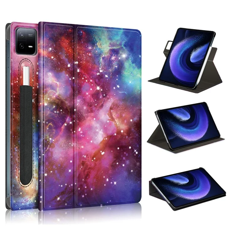 Para Xiaomi Pad 6 Pro Funda de Piel de Microfibra Giratoria Tipo Flip Stand con Impresión de Patrón Antichoque para Tablet con Soporte para Bolígrafo - Galaxia