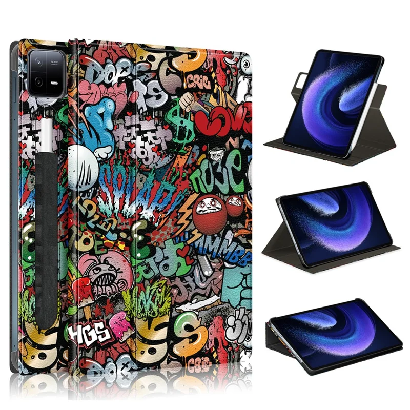 For Xiaomi Pad 6 Pro Rotatable PU Leather Flip Stand Cover Pattern Printing Shockproof Tablet Case with Pen Holder - Graffiti