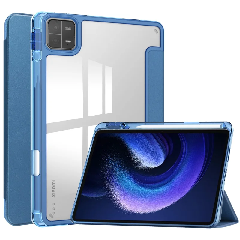 Para Xiaomi Pad 6 / Pad 6 Pro Suporte Caso Tablet Capa de Couro PU + TPU + Acrílico Transparente Capa Inteligente com Slot para Caneta - Azul