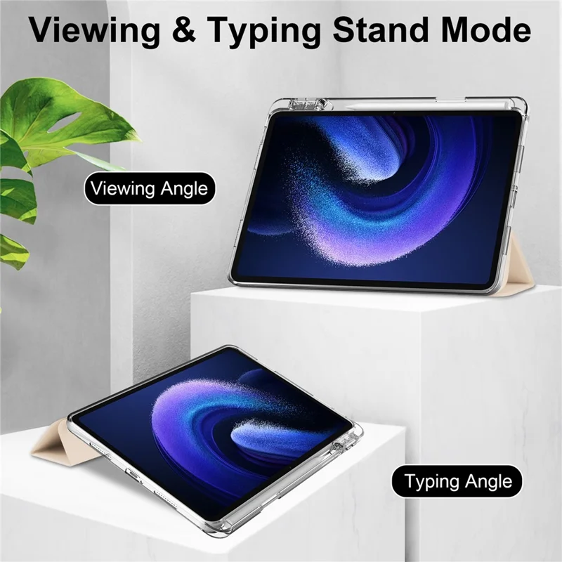 For Xiaomi Pad 6 / Pad 6 Pro Stand Tablet Case PU Leather + TPU + Acrylic Clear Smart Cover with Pen Slot - Apricot