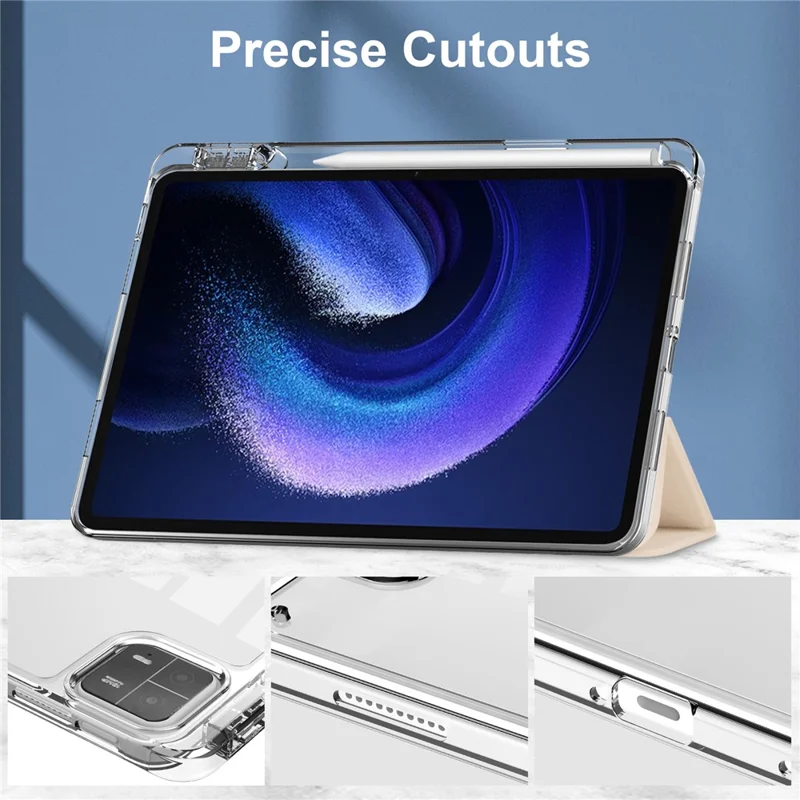 For Xiaomi Pad 6 / Pad 6 Pro Stand Tablet Case PU Leather + TPU + Acrylic Clear Smart Cover with Pen Slot - Apricot
