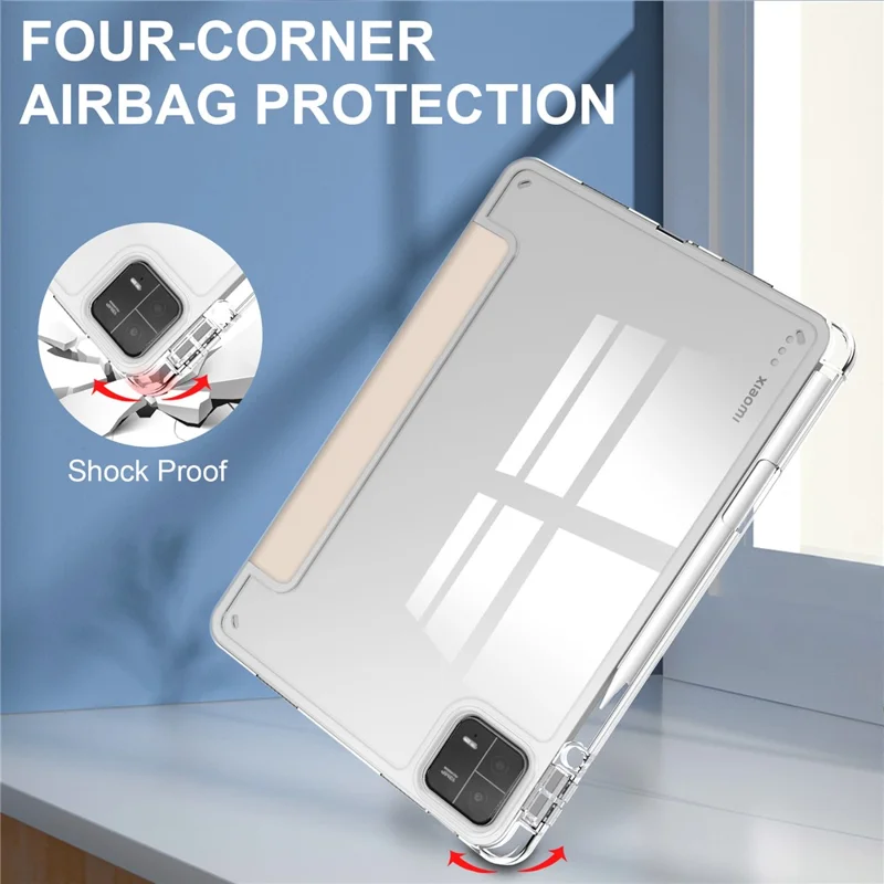 For Xiaomi Pad 6 / Pad 6 Pro Stand Tablet Case PU Leather + TPU + Acrylic Clear Smart Cover with Pen Slot - Apricot