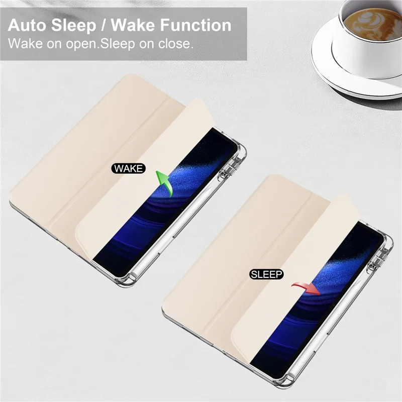 For Xiaomi Pad 6 / Pad 6 Pro Stand Tablet Case PU Leather + TPU + Acrylic Clear Smart Cover with Pen Slot - Apricot