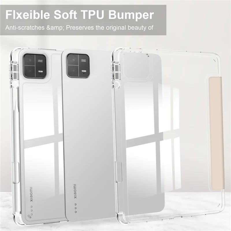 For Xiaomi Pad 6 / Pad 6 Pro Stand Tablet Case PU Leather + TPU + Acrylic Clear Smart Cover with Pen Slot - Apricot